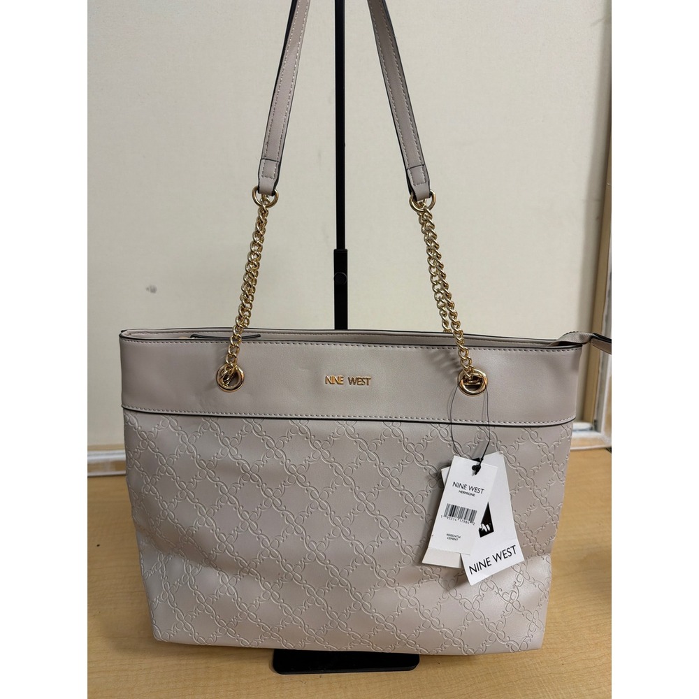 Nine West Hermione Tote Bag Cement Grey Embossed Logo Gold Chain NGE524724